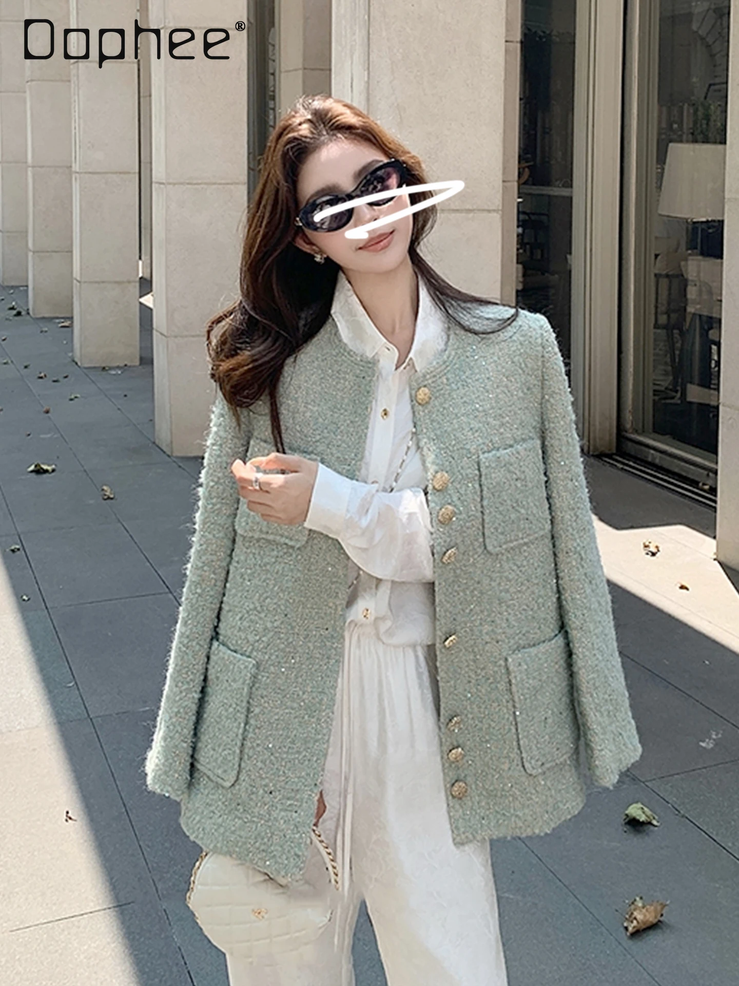 French Style Elegant Socialite Silver Thread Wool Coat Women High-end Fashion Loose Blazer Female Casual Sequin Stylish Coats