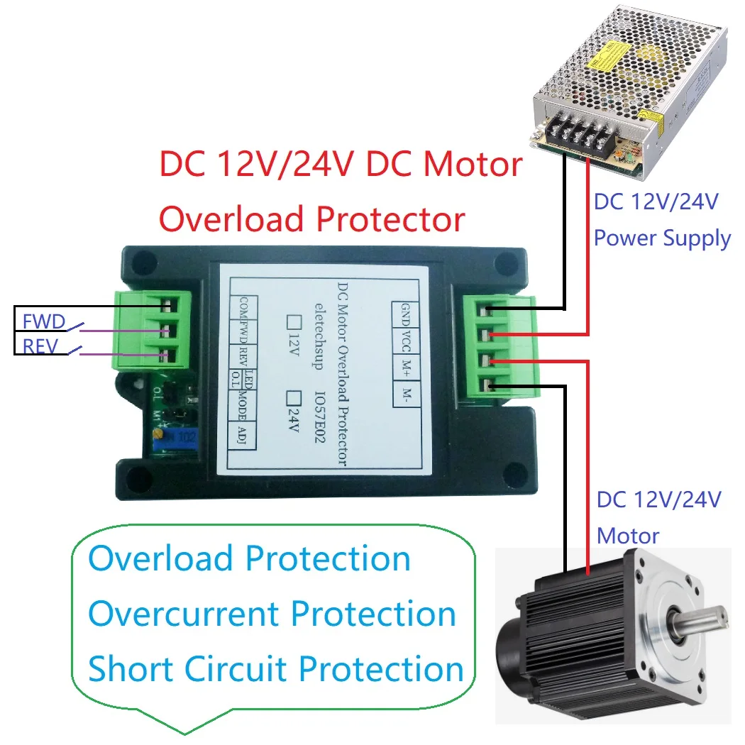 IO57E02 IO58F02 DC 12V 24V Brushed Motor Overload Overcurrent Short Circuit Protector Forward Reverse Controller