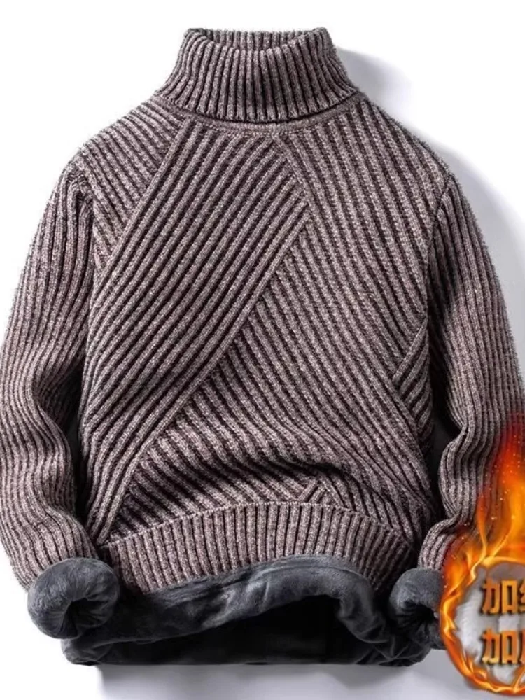 

Men's Winter Thiened Fce High Collar Knitted Sweater Stripe Base Layer Faionable Warm Clothing Inner Wear for Youth
