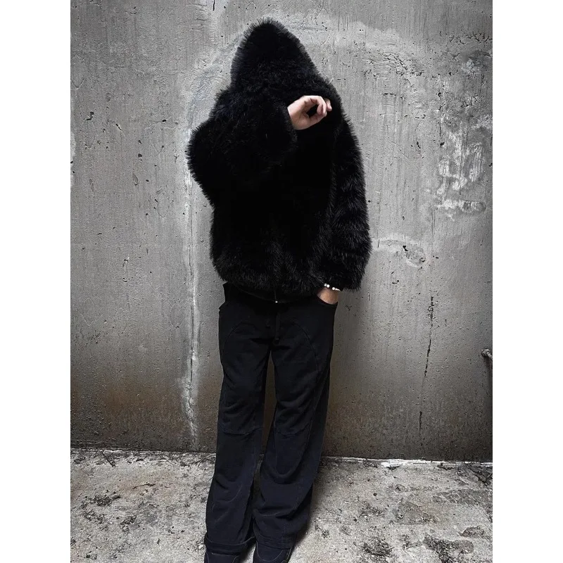 

Mauroicardi Men's Reversible Faux Fur Parka Coat Oversized Warm Black Zipper Hooded Fluffy Jacket for Autumn Winter 2025