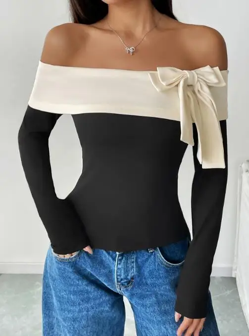 2025年新作 レディースファッション ショート丈トップス 長袖 貿易 オフショルダー ワンカラー リボンTシャツ