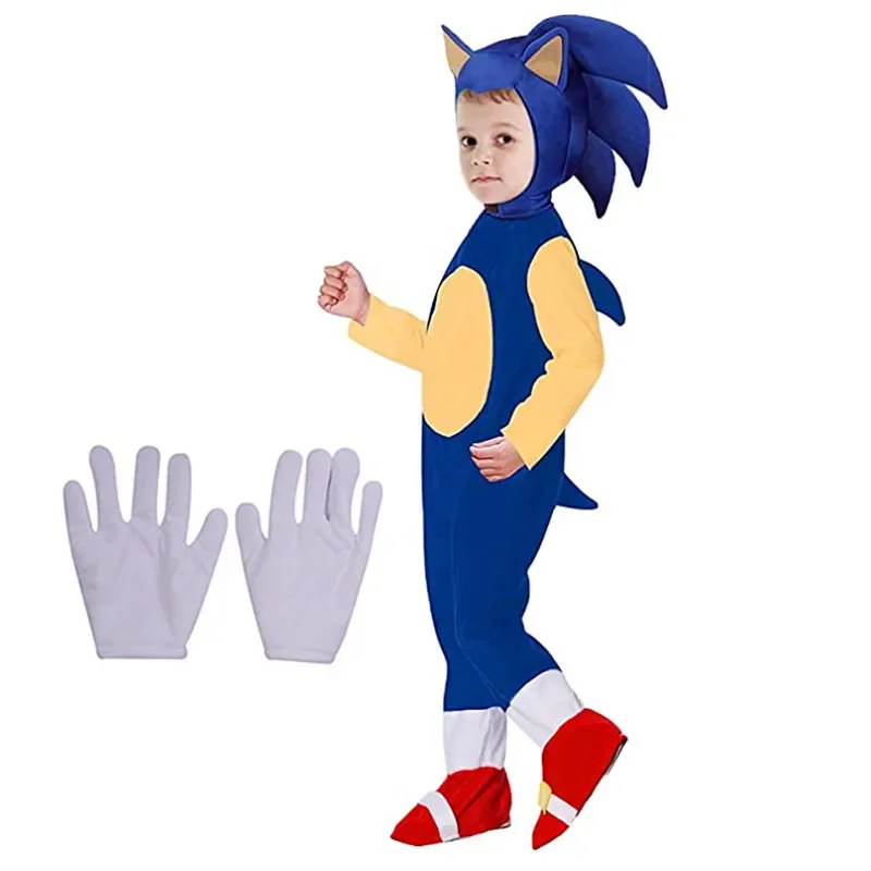 Cosplay Costume for Boys Girls Halloween Pretend Play Hedgehog Jumpsuit Headpiece Gloves Anime Play Free Scar Patch Accessory