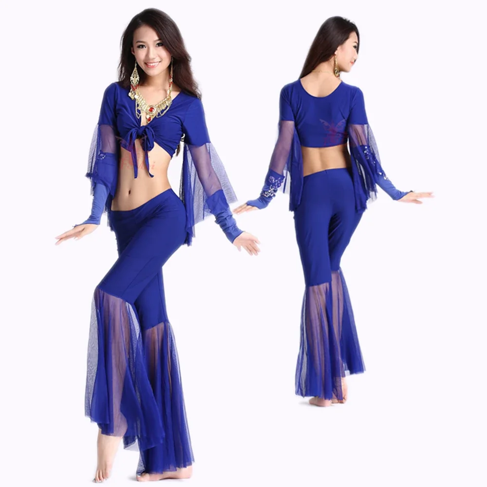 HOT SALE! mesh speaker sleeves belly dance set women 2pcs top and Five point trousers belly dance suit 12colors M and L