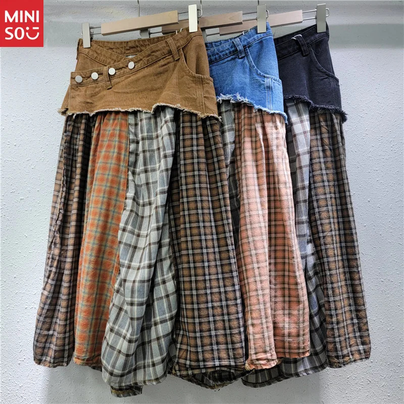 

Miniso Plaid Denim Midi Skirt, High Waist A-Line Women's Skirt Spring Summer