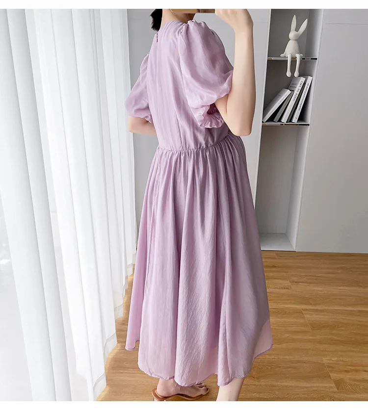 Maternity Dresses Summer Clothes for Pregnant Women 2024 New V-neck Drawstring Pleated Puff Sleeve Pregnancy Long Vestidos