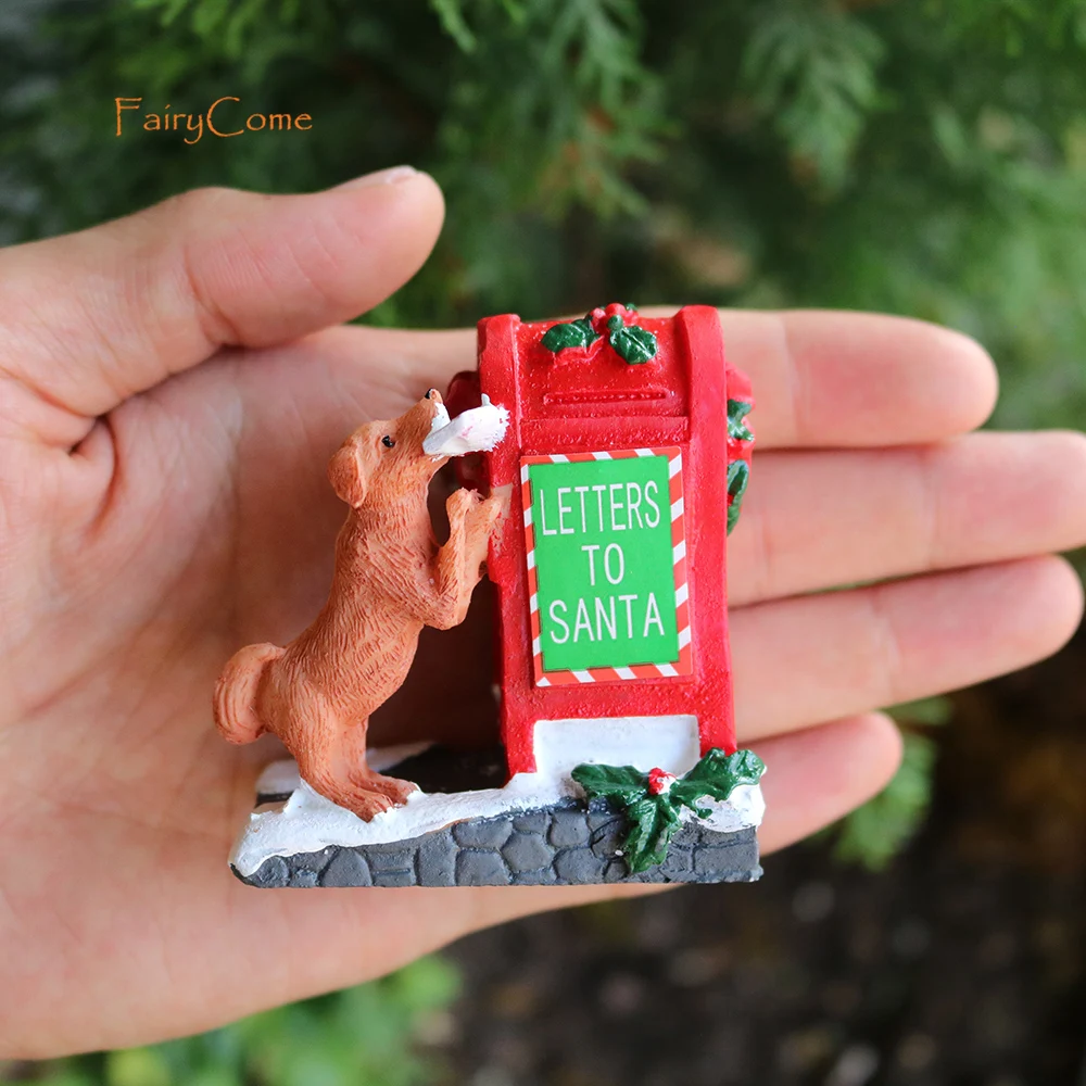 Christmas Miniature Mailbox Postbox Resin Ornaments with Puppy for Christmas Village Street Decoration Fairy Garden Accessories