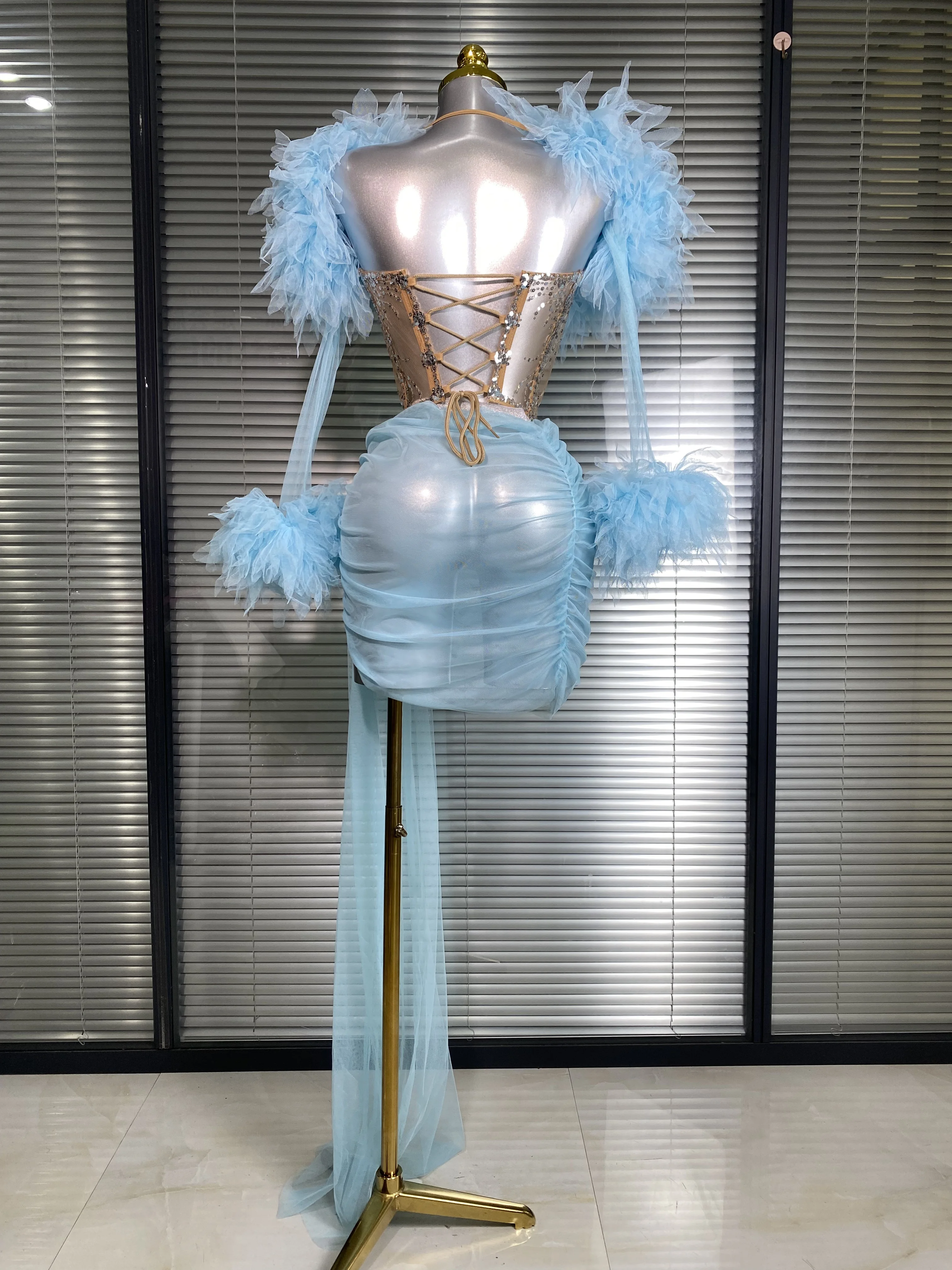 Summer New 2025 Sexy Two Pieces Set Women Celebrity Sky Blue Mesh Night Club Sheer Skirt Suits Stage Performance Costume