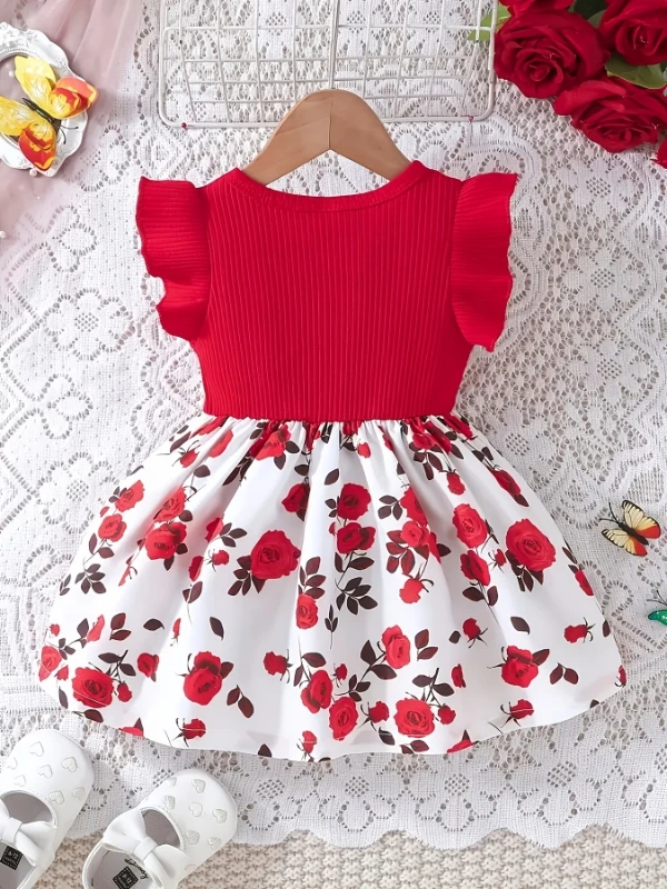 Toddler Girl Red Rose Print Dress: Ruffled Sleeve Ribbed Top + Bowknot Flared Skirt (2-8Y) - Cute Party/Wedding Guest Outfit