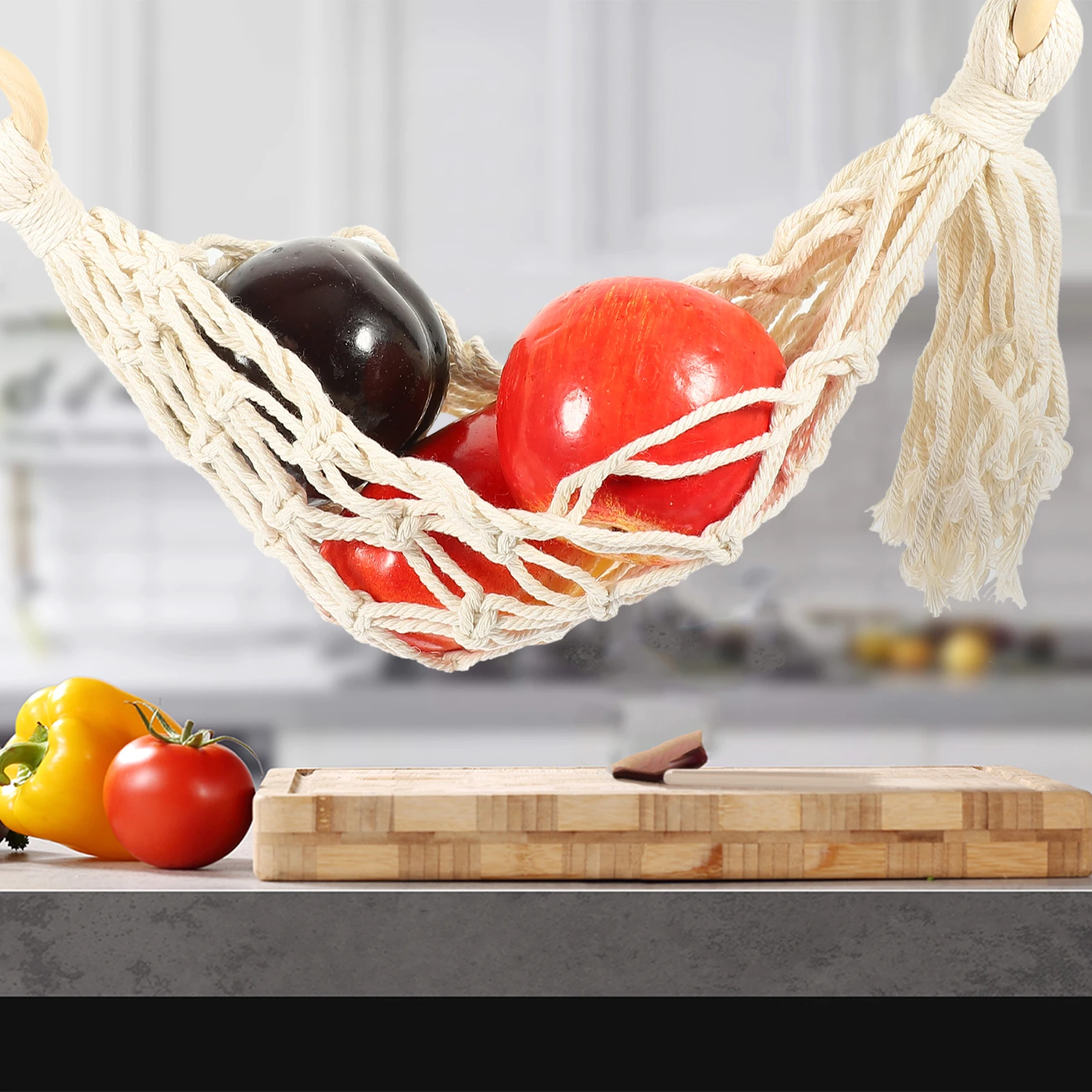

Fruit Vegetable Net Bag Kitchen Hanging Hammock Beige Color Holder Woven Rope Storage ganizer Produce Toy Basket