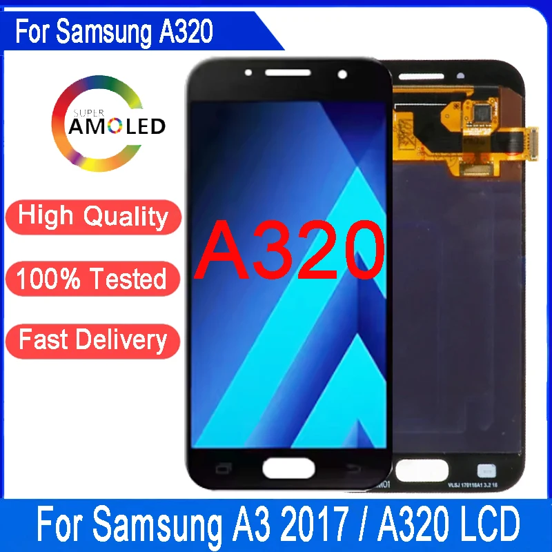 Tela lcd super amoled para samsung a3 2017 a320 a320f, montagem do digitador da tela sensível ao toque, display lcd, 4,7 polegadas