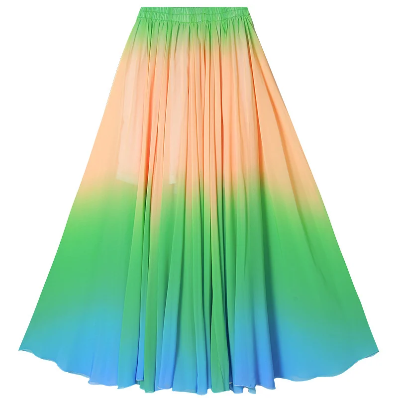 Jupe de danse de couleur dégradée pour femmes, élégante, carrée, Maxi, taille élastique, grande taille, en mousseline de soie, jupe trapèze, 2025