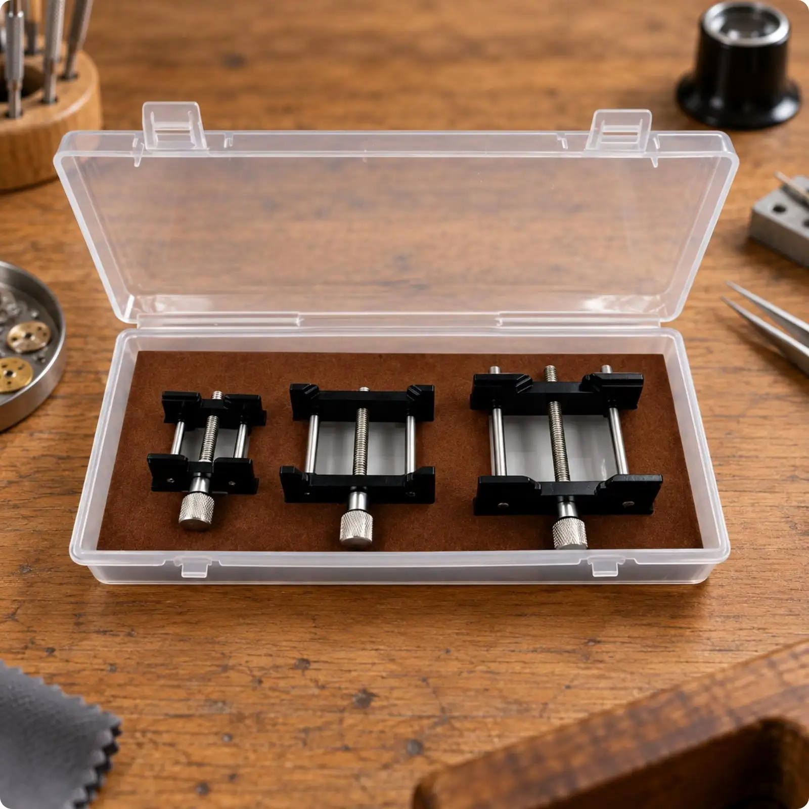 Watch Movement Holder for Watch Repair Black Metal Adjustable Clamp with Clear Hinged Case for Watchmakers