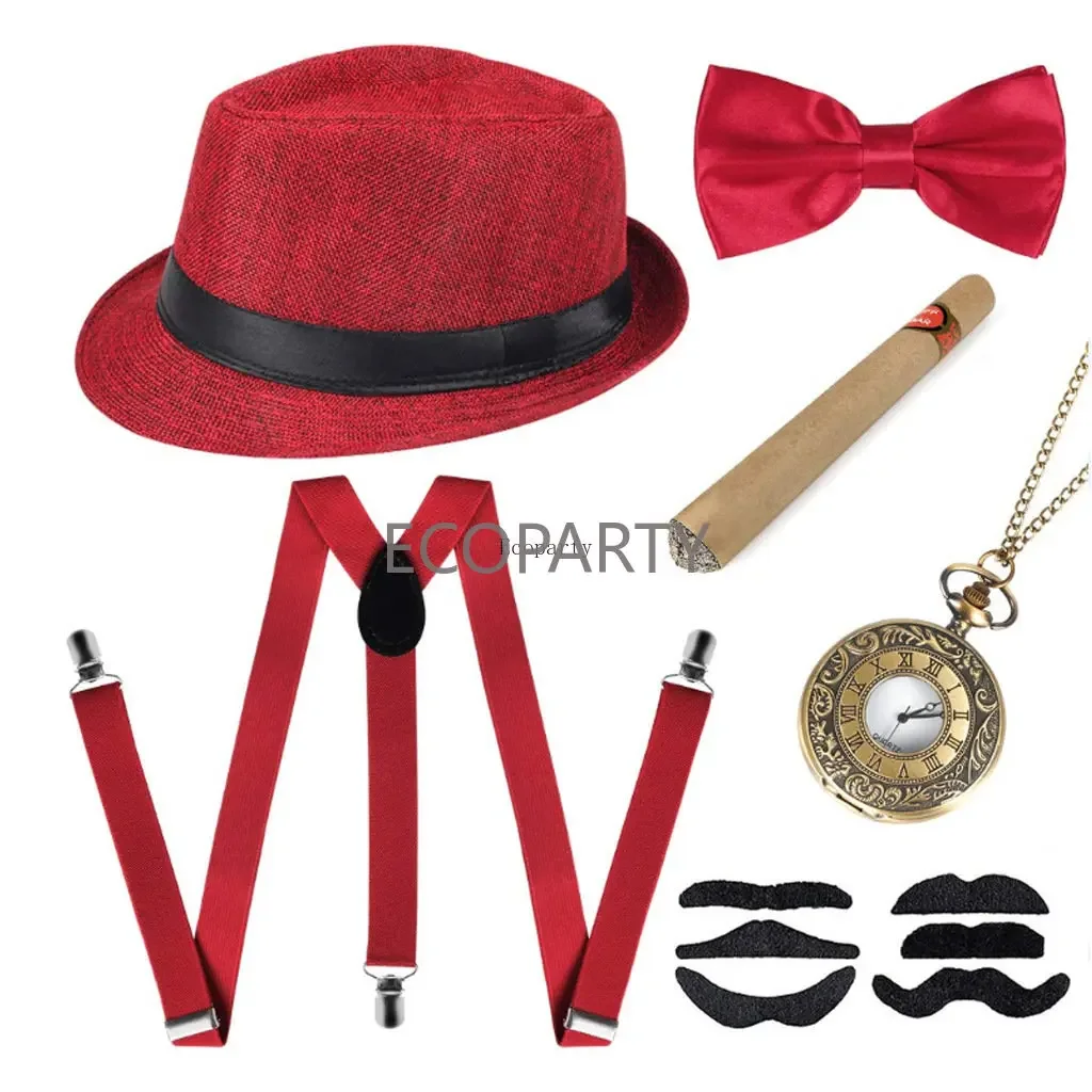 Disfraz de Gatsby de los años 1920 para hombre, conjunto de accesorios para disfraz de Peaky Blinders, Boina de gángster de Manhattan de los 30, reloj de bolsillo con tirantes Y espalda en Y