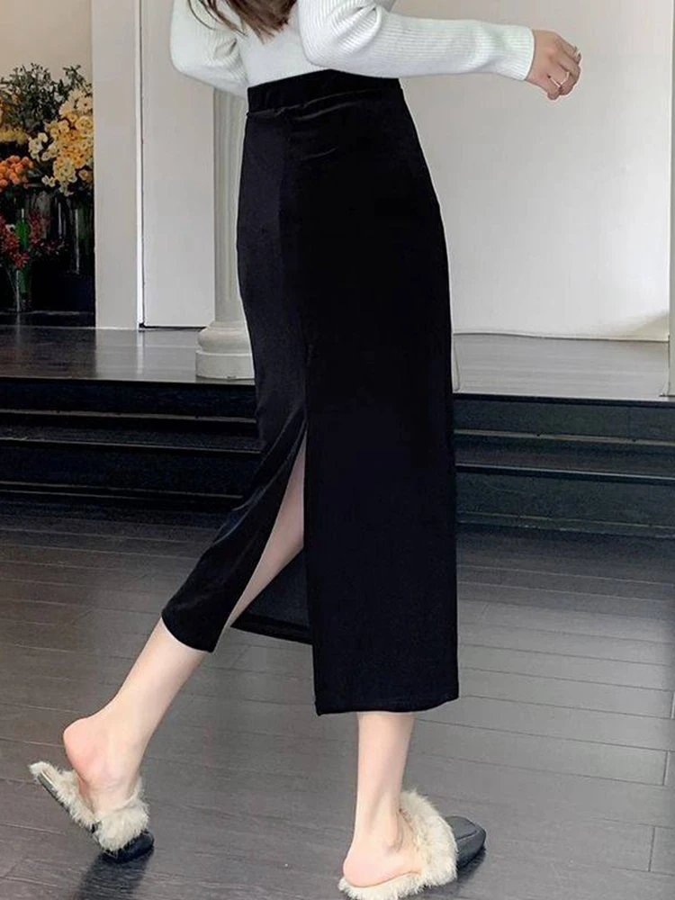 Elegant Velvet Black Long Skirts Women Autumn Winter High Waist Faldas Korean Fahion Clothing Office Ladies Bodycon Midi Skirt