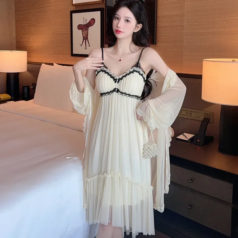 

Satin Kimono Bathrobe Gown Yellow Female 2PCS Robe Set Sexy Patchwork Lace Sleepwear Loose Home Wear Spring Summer Nightdress