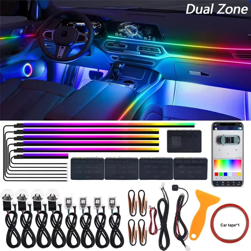 

Dual Zone 10 In 1 Full Color Streamer Car Ambient Light RGB 64 Color LED Interior Acrylic Fiber Strip Decoration Atmosphere Lamp