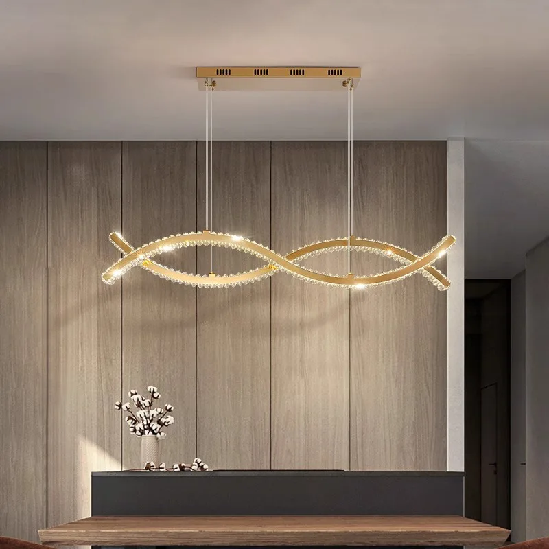 

Nordic Long Wave Crystal Led Pendant Light Dimmable for Living Dining Table Room Bar Counter Lusters Metal Hanging Light Fixture