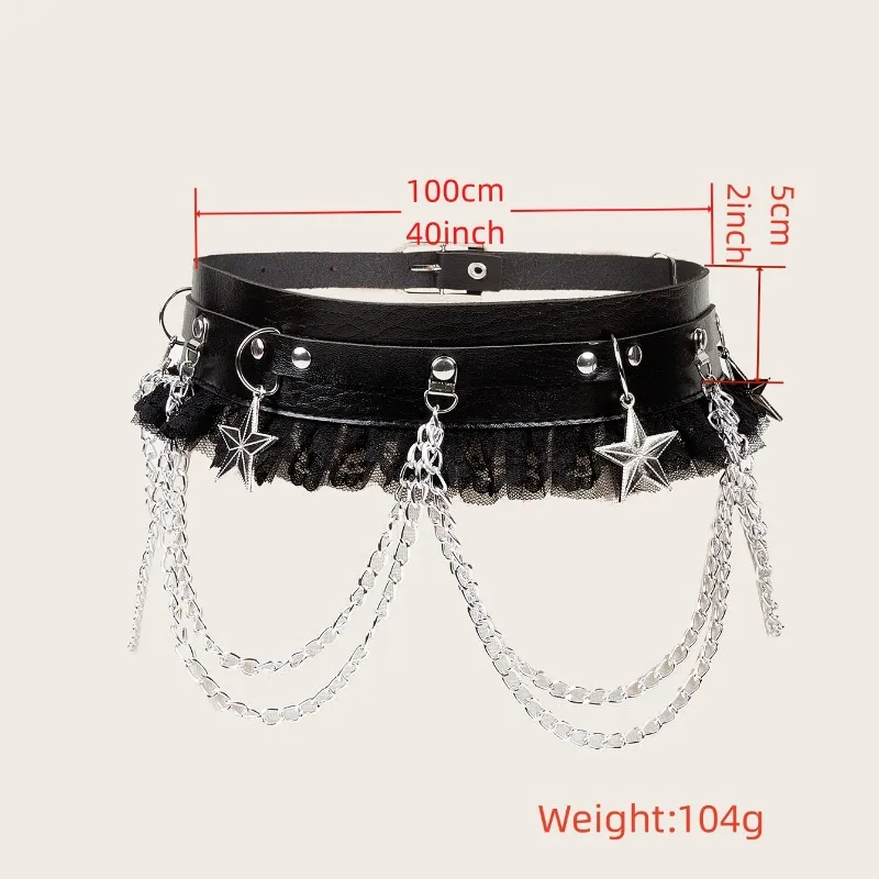 Dark Punk Chain Belt for Women Hip Hop Lace Splicing Fashion Versatile Dress Accessories Black Wide Waistband