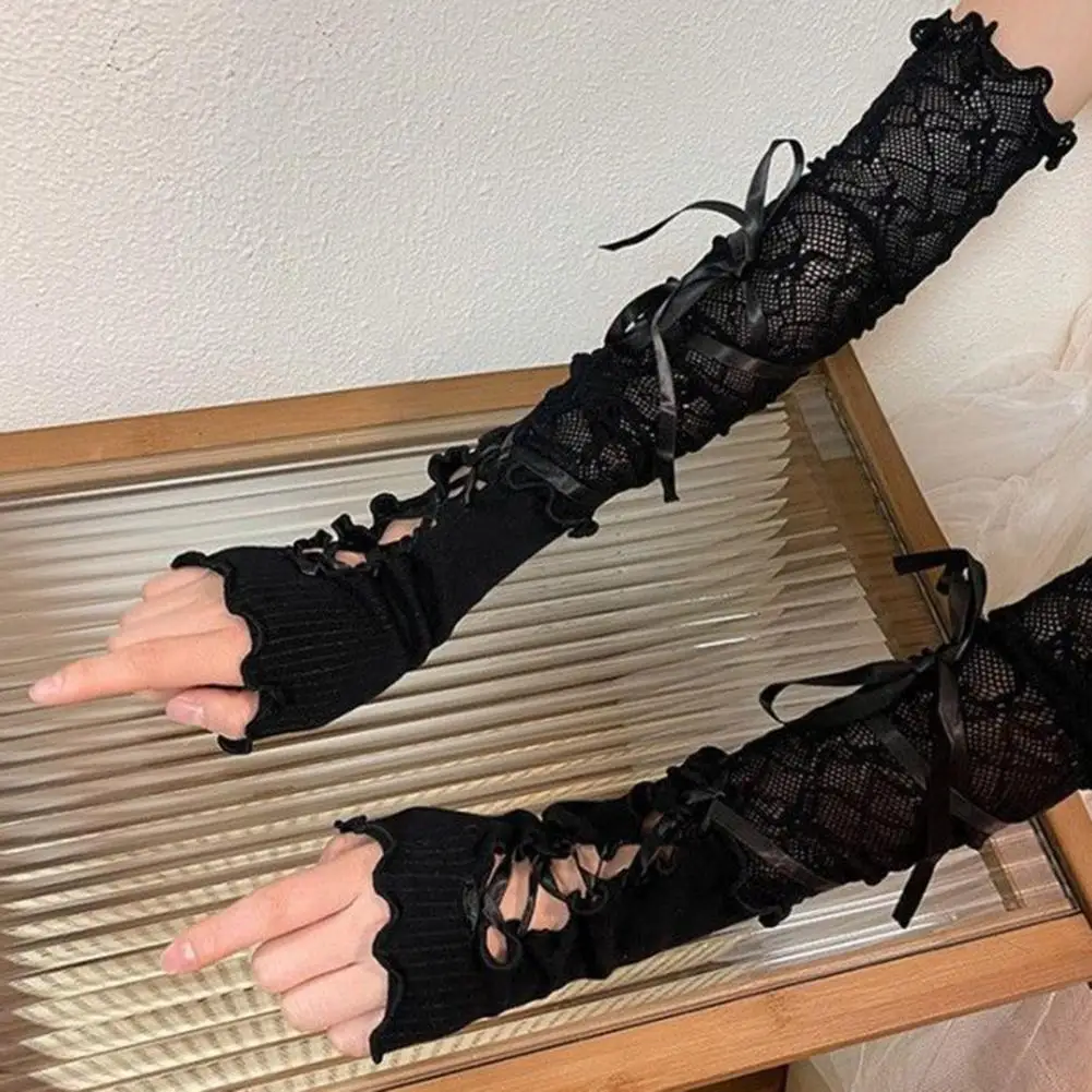 1 زوج المرأة حفلة موسيقية أكمام أذرع تبريد الدانتيل زهرة التطريز أصابع Shirring العروض العروس الزفاف صور الدعامة أصفاد للذراع قفازات