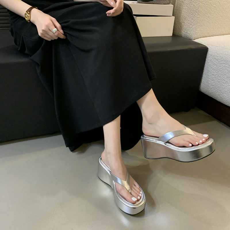 Black High Heel Wedges Women Sandals Silver Ladies Flip-Flops Leisure Platform Wedge Beach Slippers Chunky Shoes 2024