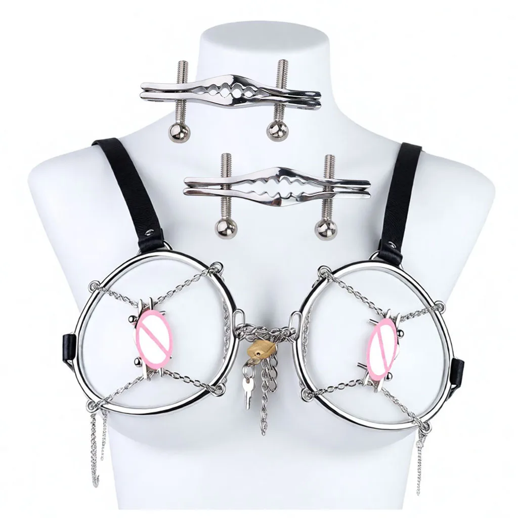 QKKQ Stainless Steel Heavy-duty Breast Binder Chest Teating Bra Nipple Clamp Nipples Stimulator Chest Hood Erotic Accessories