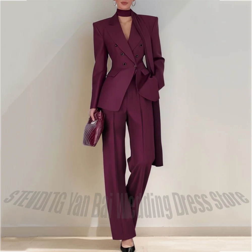 

Burgundy Peaked Lapel Women's Suit Jacket Pants Customized Solid Color Straight Business Office Work Formal Suit Two Piece