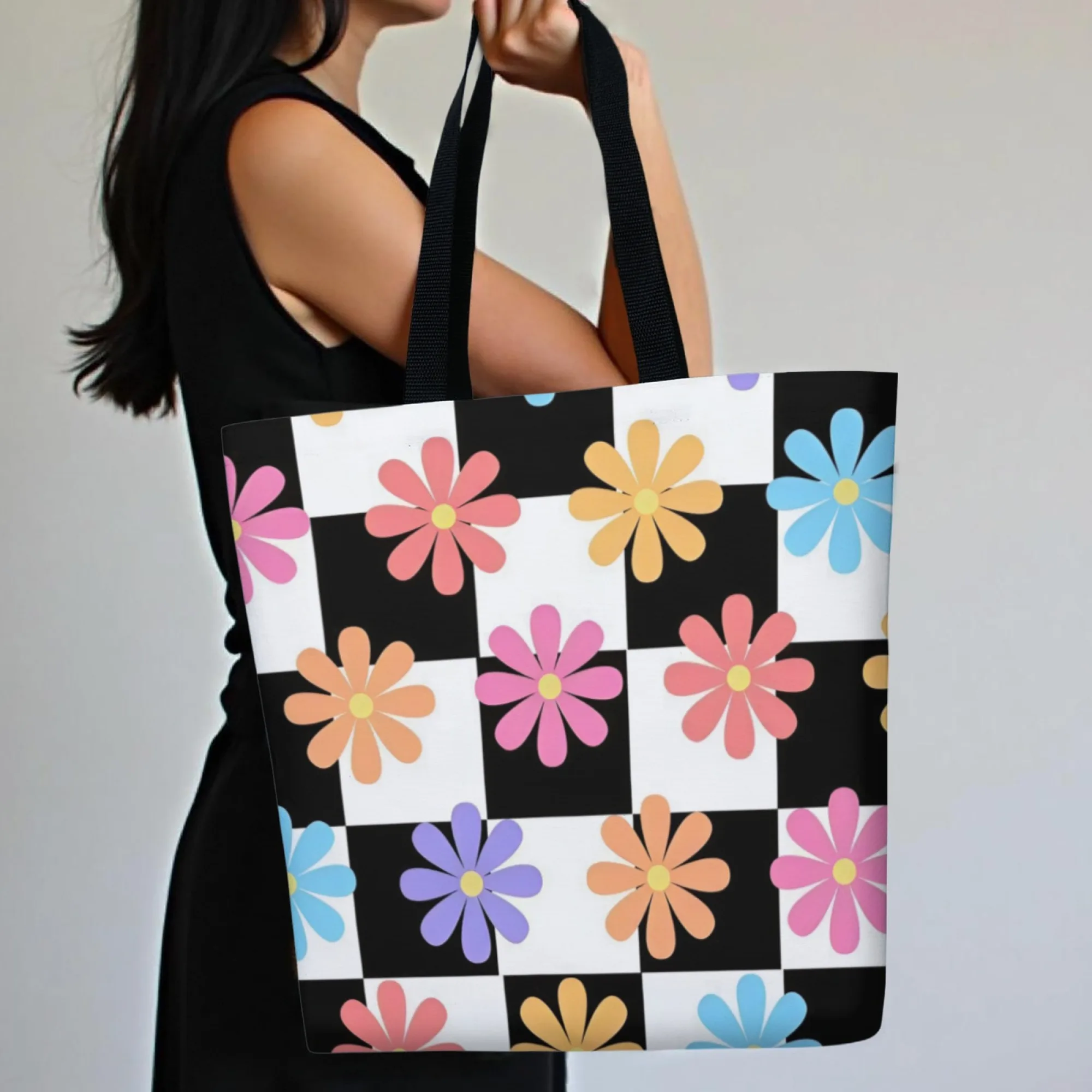 Retro Pop Art Checkerboard Colorful Daisy Canvas Women's Tote Bag Black White Vibrant Bright for Studying Traveling Shoulder Bag