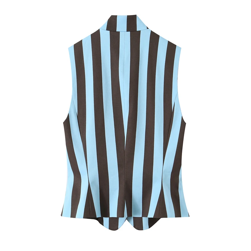 Ms. Guobioziy Button-Front Striped Sleeveless Vest with Stand Collar, Blue and Brown Stripes, Slim-Fit Casual Outerwear Top