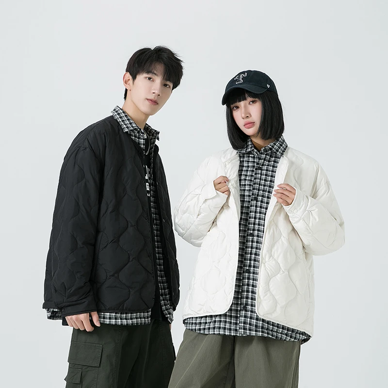 

New 2025 Men's down Jaet Loose Lightweight White Du Feather Contrast Color Splicing Flip Collar Couple's Outerwear