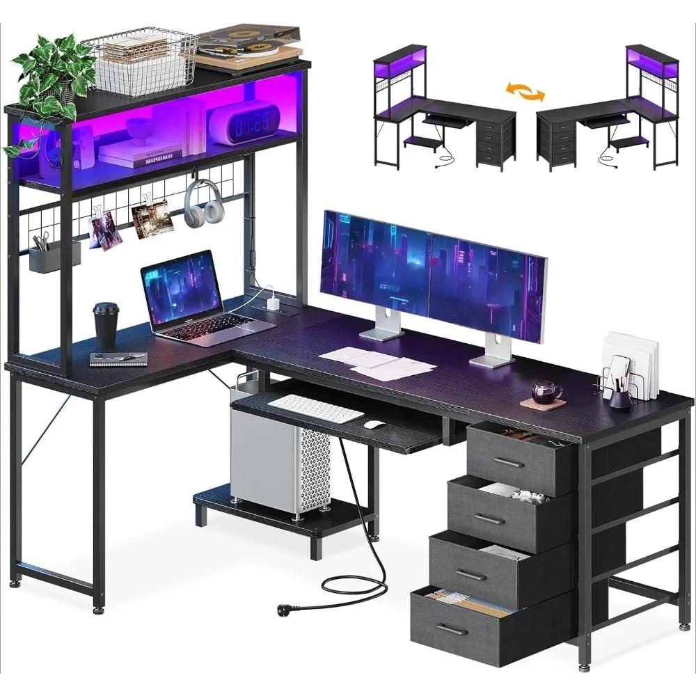 Mesa de juegos con estantes, mesa de juegos con cajón y bandeja para teclado, mesa de juegos en forma de L con LED y toma de corriente