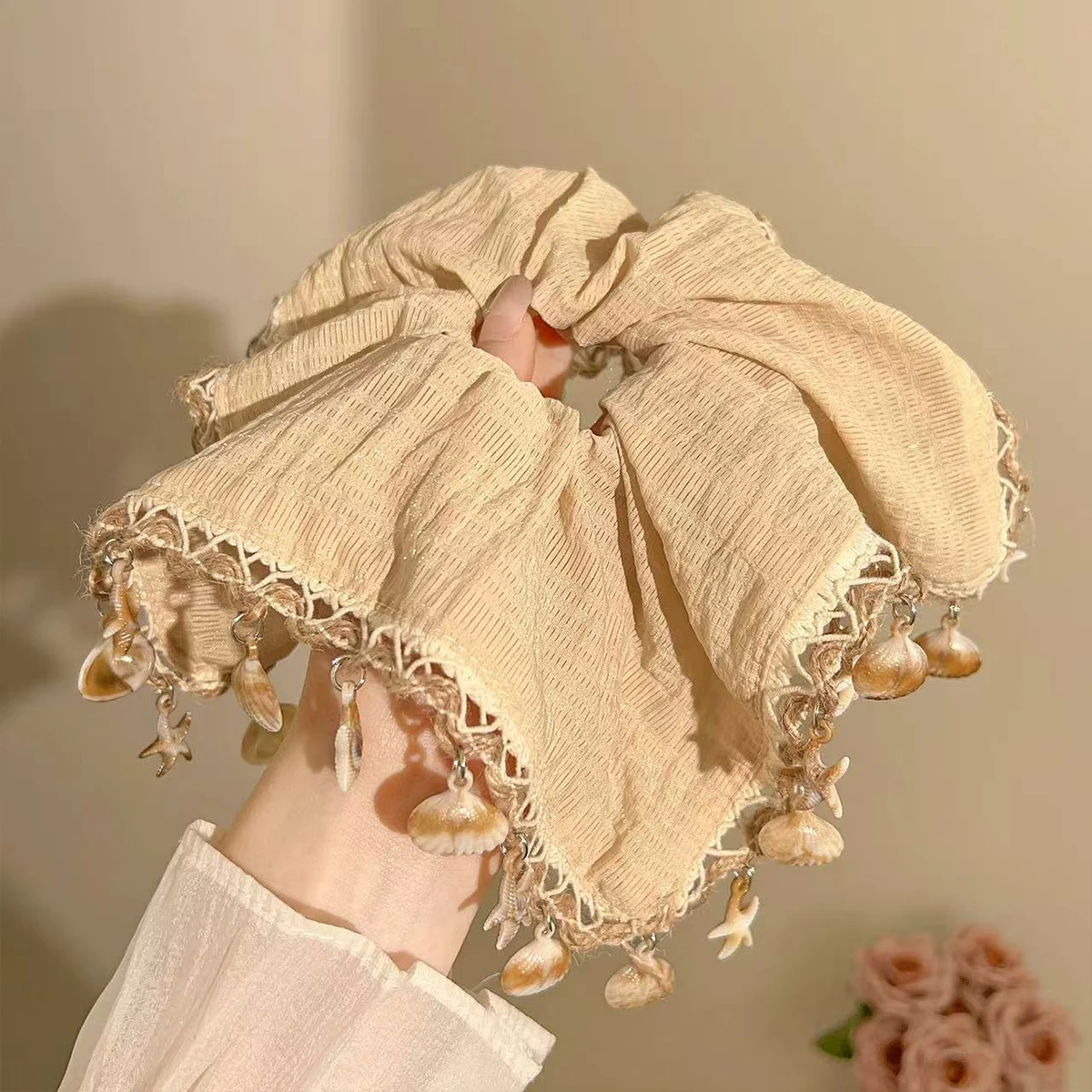 

1pc bohemian resort style shell starfish cotton linen square scarf hair ring, forest island girl lace large intestine hair tie