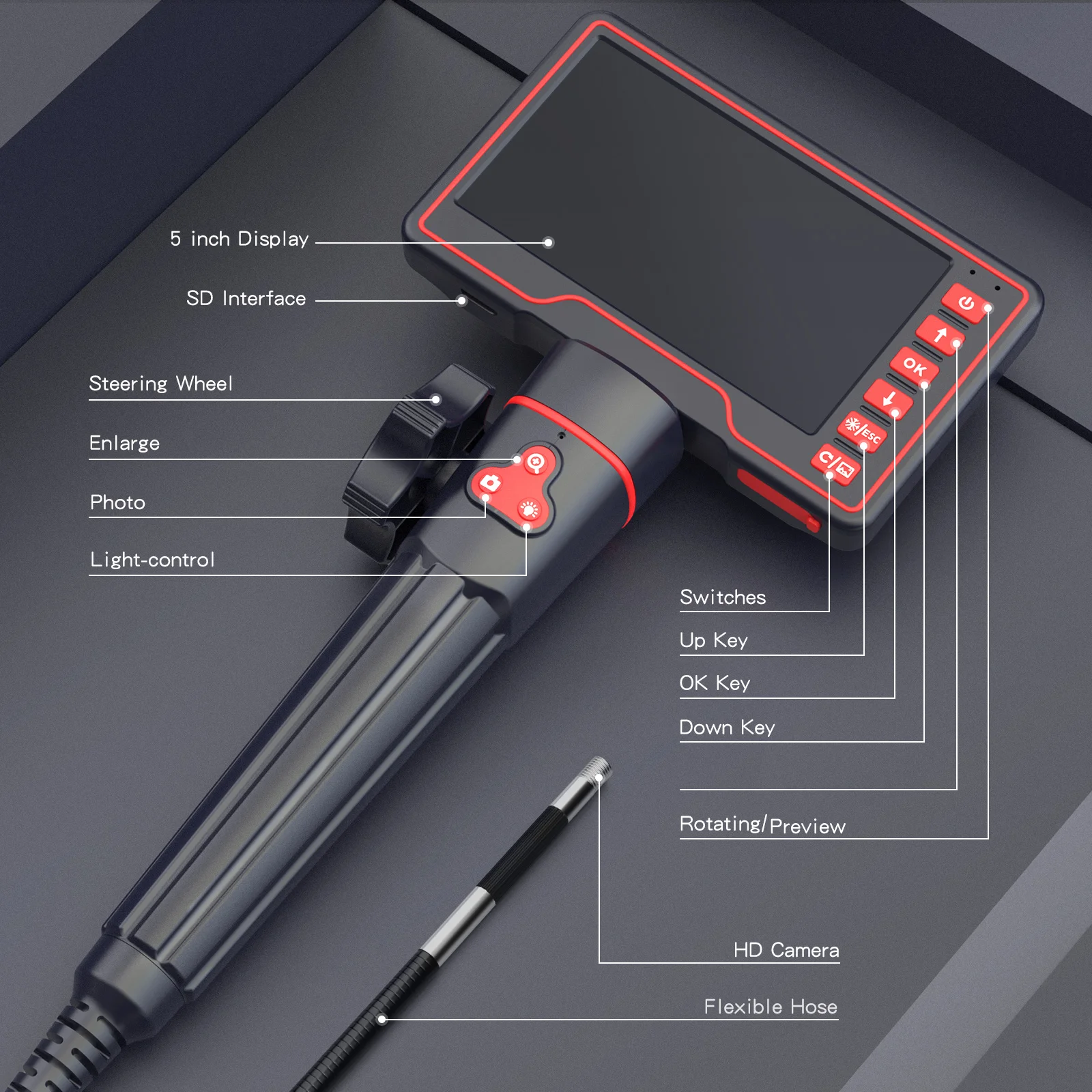 REYUECAM 5.5mm Two-Way 210° Articulating Borescope with 5 \