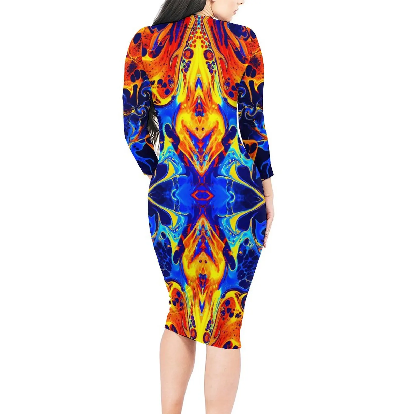 Neon Paint Print Dress Ladies Colorful Swirling Aesthetic Bodycon Dress Spring Long Sleeve Cute Dresses Graphic Big Size Clothes