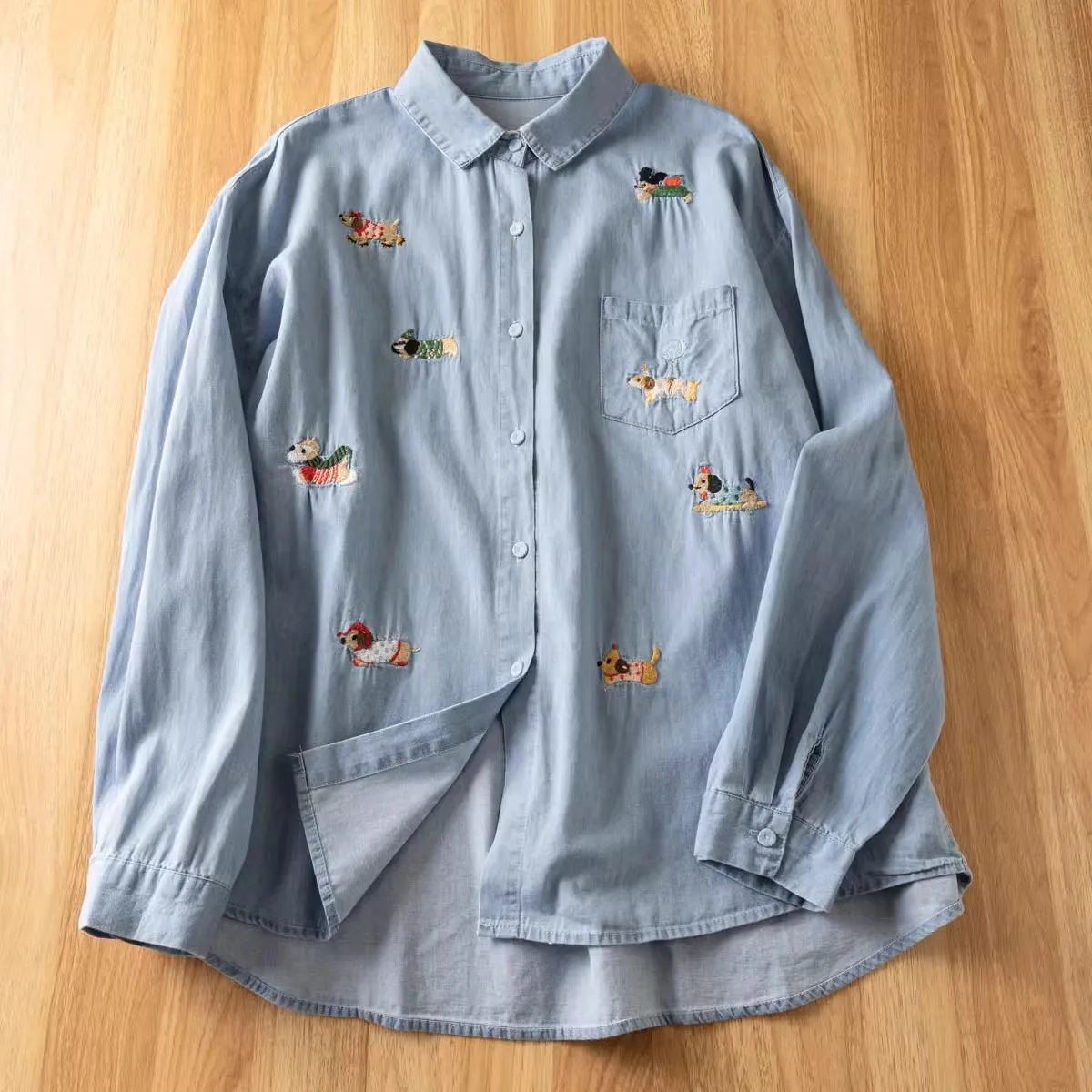 Women Embroidered Denim Shirt Lapel Long Sleeve Button Down Loose Casual Vintage Blouse Ladies Daily Wear Tops - view 5