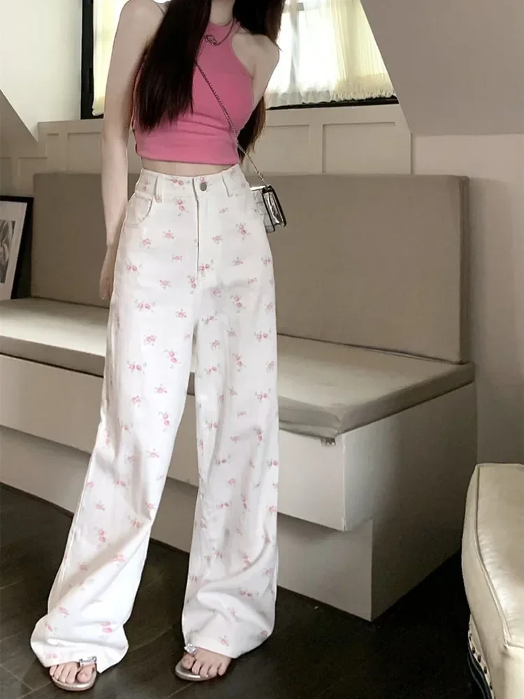 캐주얼 루즈 패션 스트리트 여성 청바지 흰색 꽃 스트레이트 바지 여성 세련된 새로운 높은 허리 슬림 기본 여성 청바지