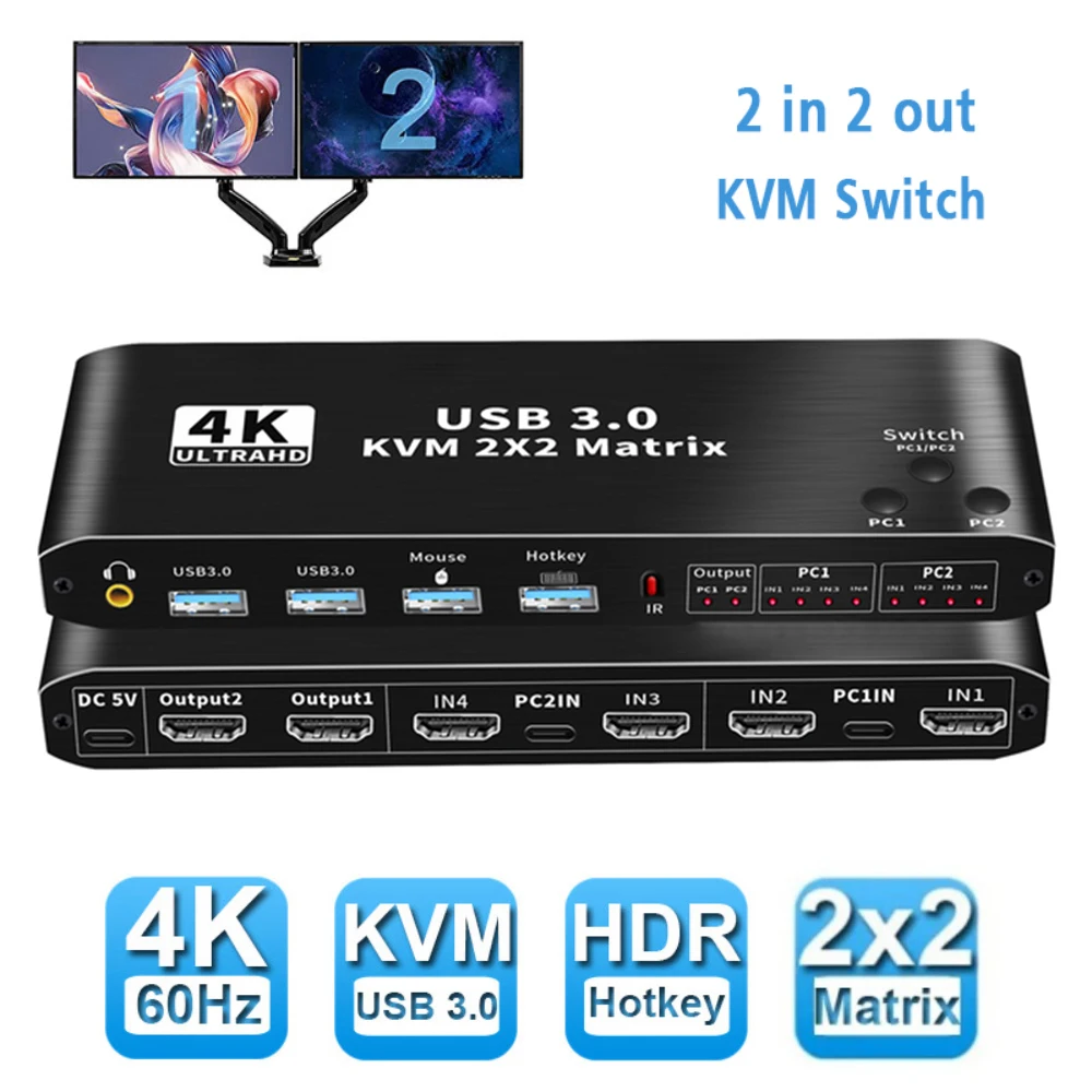 2x2 Kvm Switch 4K 60Hz Dual Monitor KVM Extended Display USB Switcher 2 in 2 Out For 2 Computers Share 2 Monitors