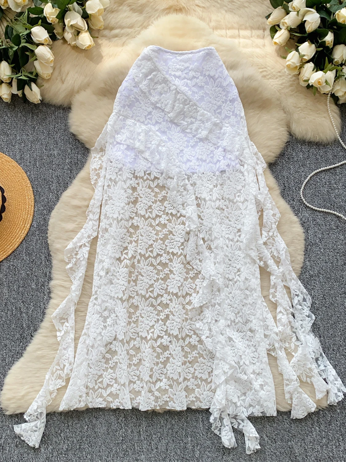 

Ele Lace Hollow out Long Skirt Women's Summer A-Line Midi Skirt with Sa High Waist Design Commute Korean Sle