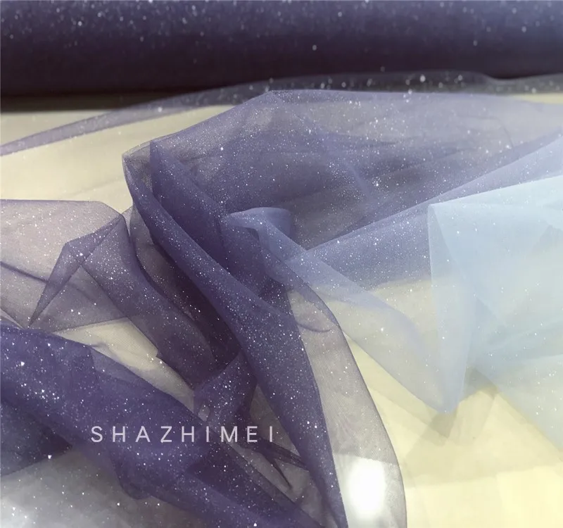 Blue Gradient Color Red Stars Mesh Gilding Sequins Dusting Powder Draping Fabric for Wedding Dress Cloth Fabric