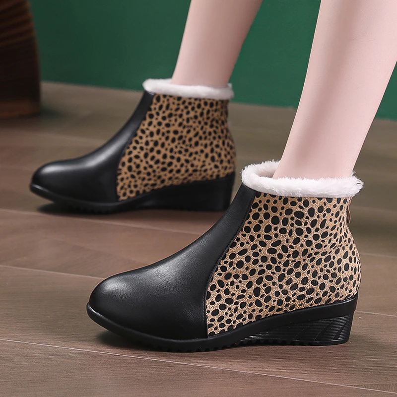 

Leopard Women Mid Heels Snow Ankle Boots New Winter Shoes 2024 Trend Short Plush Warm Shoes Leather Chelsea Casual Botas Mujer