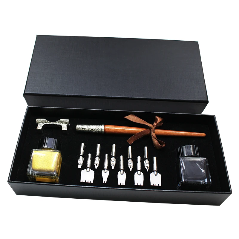 Arabic Calligraphy Pen Set – Includes Wooden Dip Pen, Antique Silver Holder, 10 Nibs and 2 Colors Ink Bottles