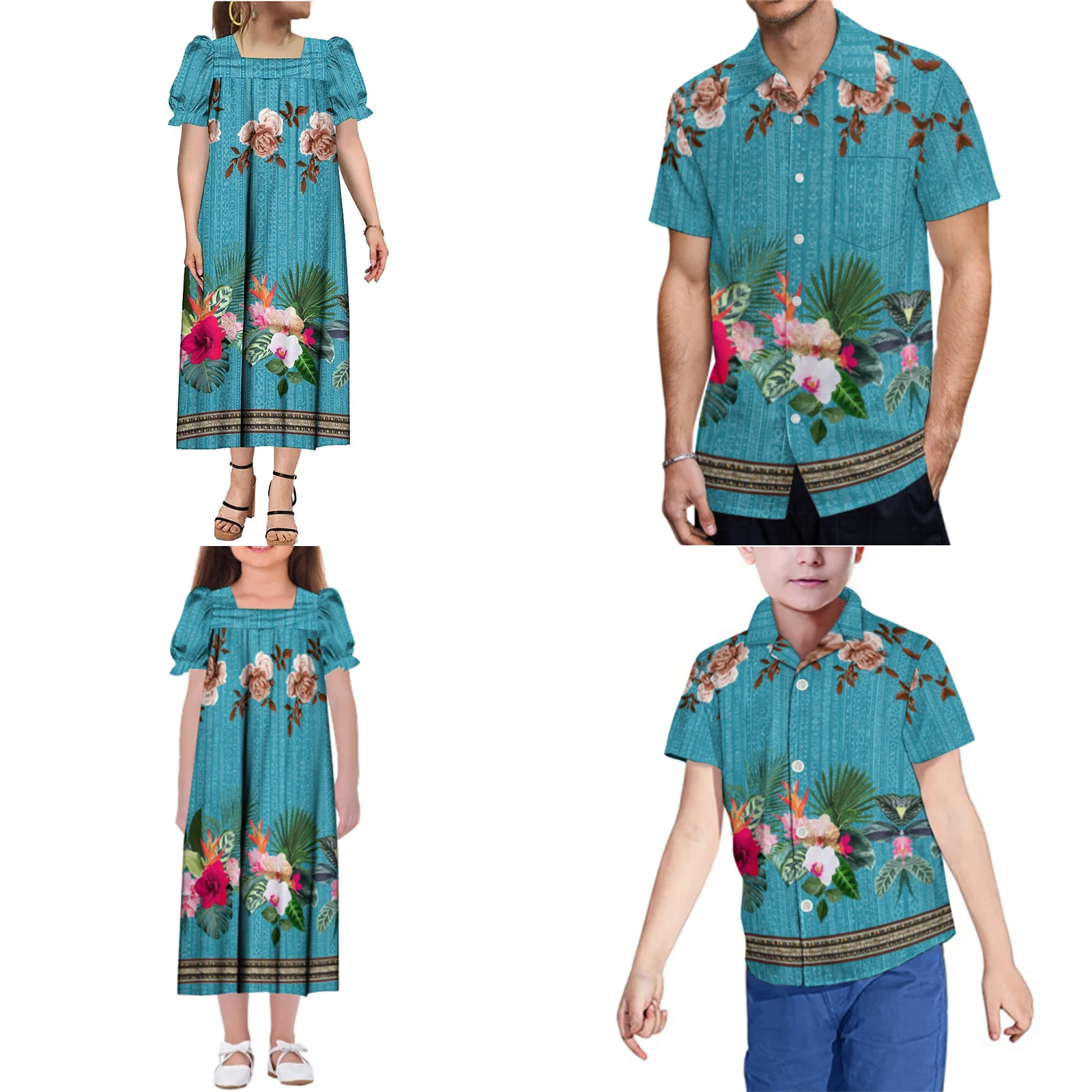 Polynesische stam bloemen aangepaste Fiji Micronesische Samoaanse familiefeest set moeder dochter Mumu jurk vader zoon casual shirt