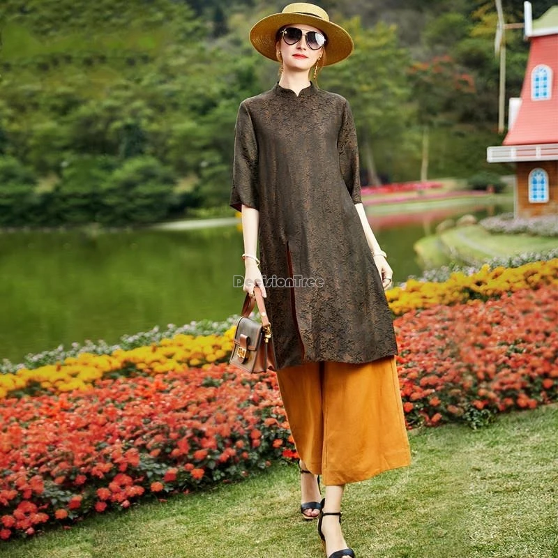 2024 spring women chinese mid length seven-point sleeve vintage blouse + high-waisted wide-leg pants loose two piece sets w288