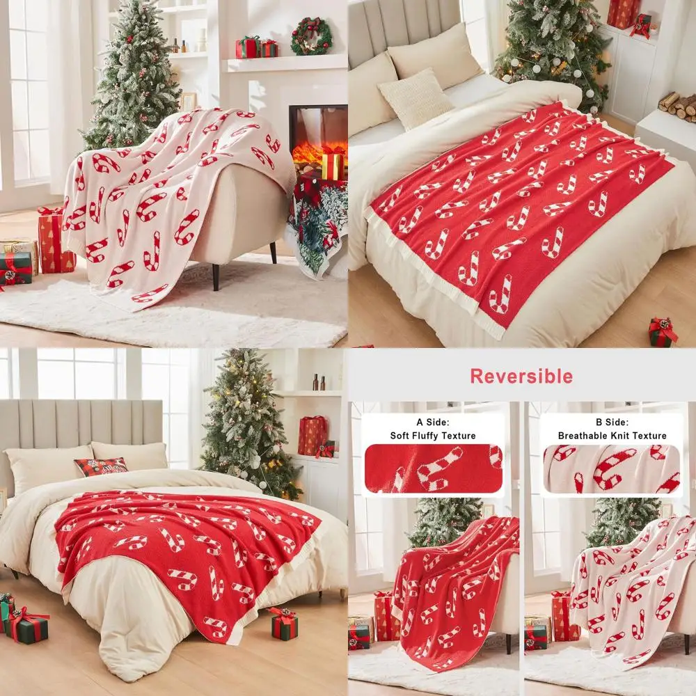 

Cozy Christmas Candy Cane Plush Throw Blanket, 60x80, Soft Red Festive Decor for Home