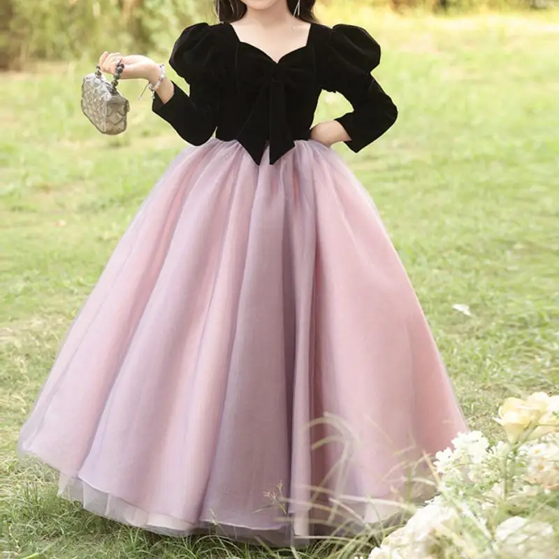 

Arabic Muslim Black Pink Long Sleeve Flower Girl Dresses Gothic Children Prom Birthday Party Dress Kid Formal Evening Gown 2024