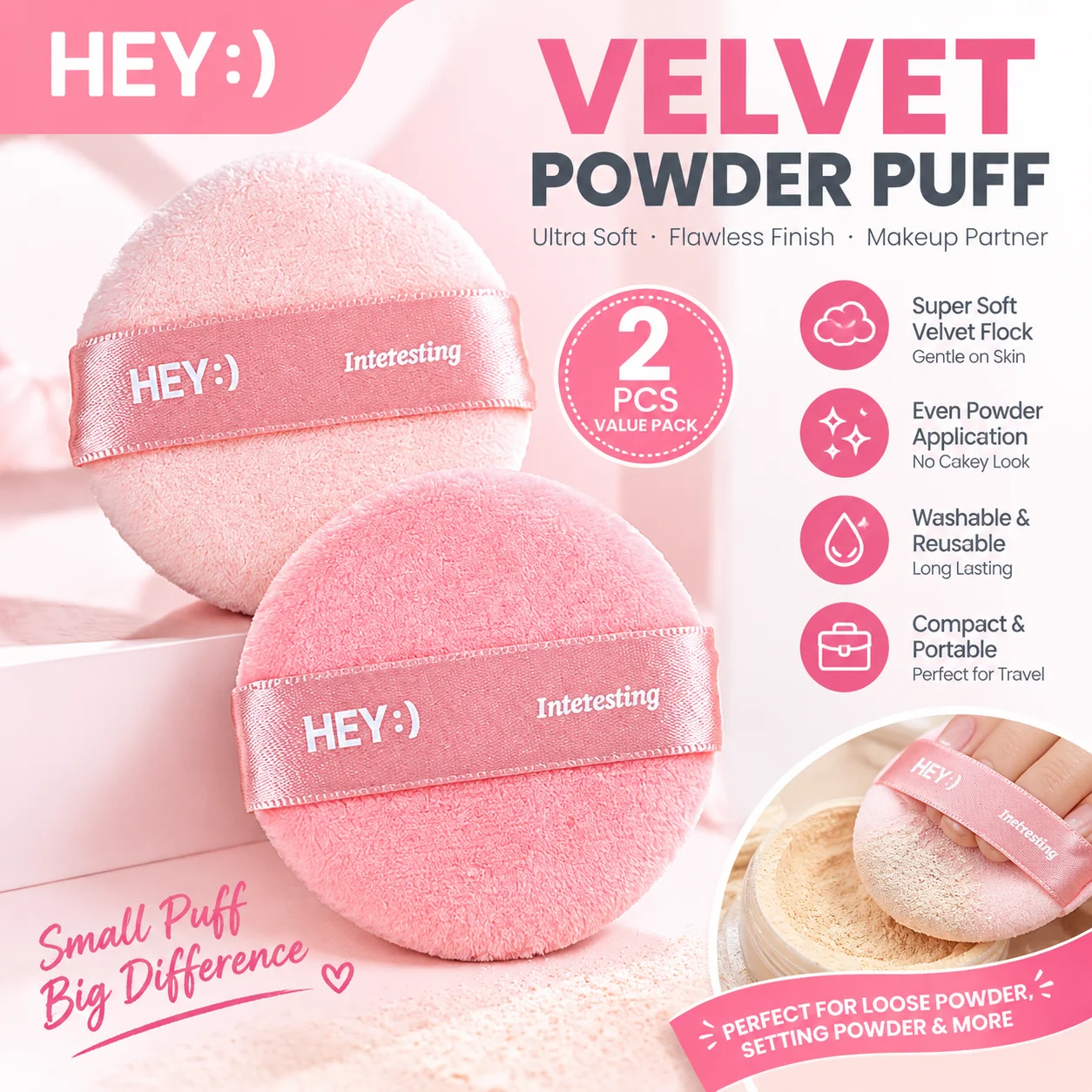 Crystal Velvet Powder Puff 2 Pack Soft Skin-friendly Teardrop Round Setting Makeup Puff for Loose Powder Flawless Beauty