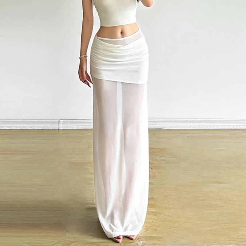 

See Through Dark Solid Mesh Skirt Gothic Sexy Slim Transparent High Waisted Maxi Skirts Women 2025 Streetwear Holiday