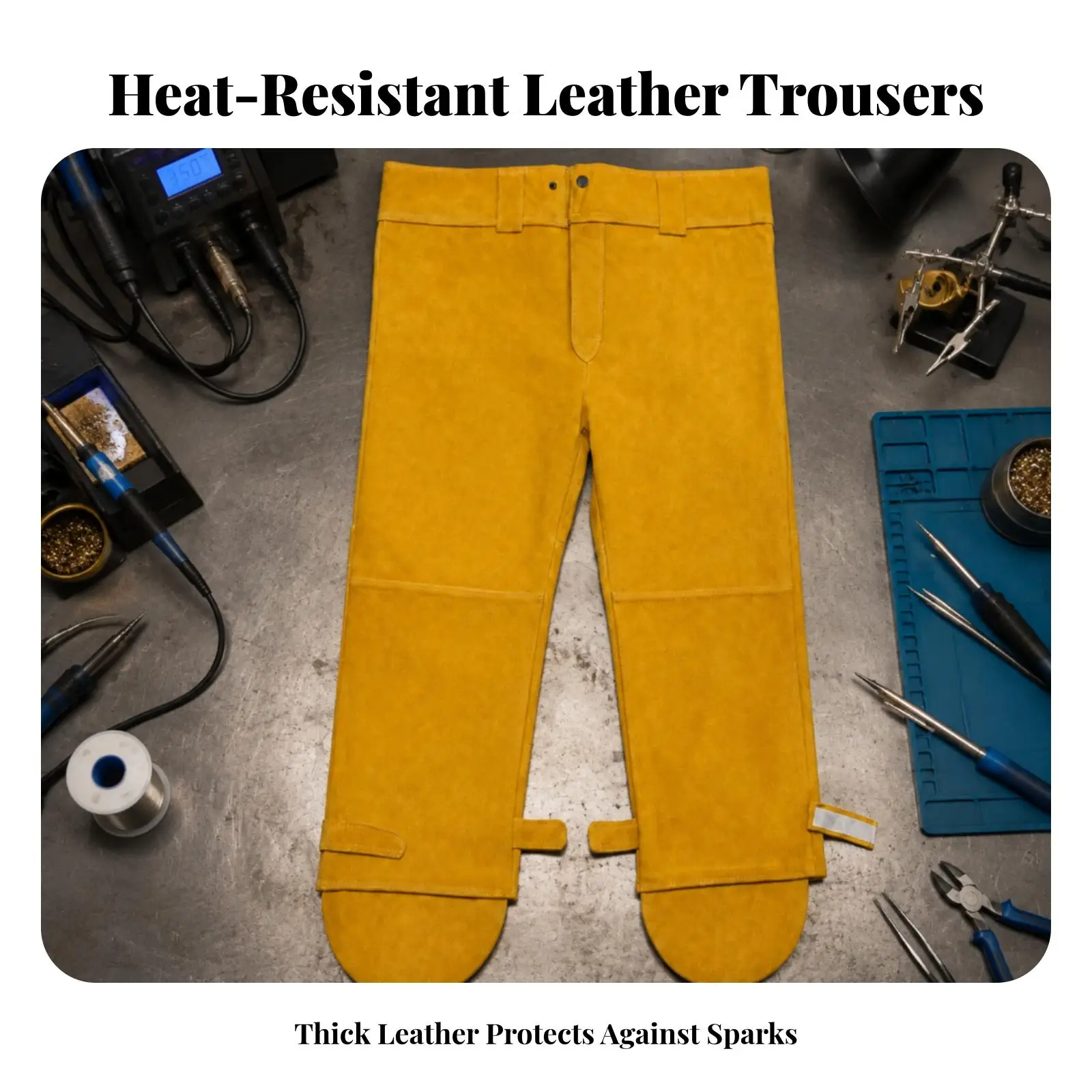 Cowhide Protective Welding Pants for Men Leather Work Trousers with Foot Covers Sparks and Heat Resistant Heavy Duty