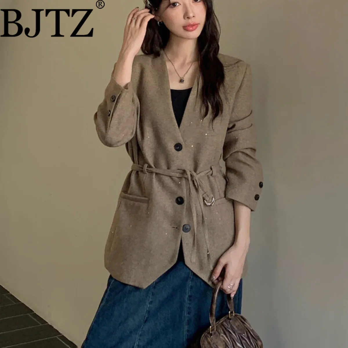 

BJTZ Women's Sequined Wool Blend Blazer, Elegant Minimalist Belted Luxury, Casual Chic Winter, Comfortable High-Quality