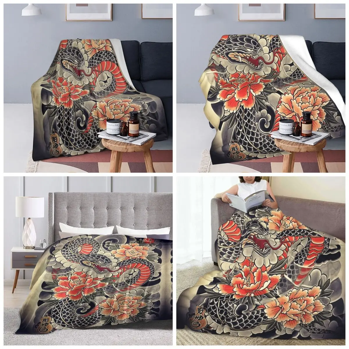 Japanese Art Tattoo Snake Peonies Flower Ink Blanket Soft Warm Flannel Throw Blanket Bedspread for Bed Travel Home Couch