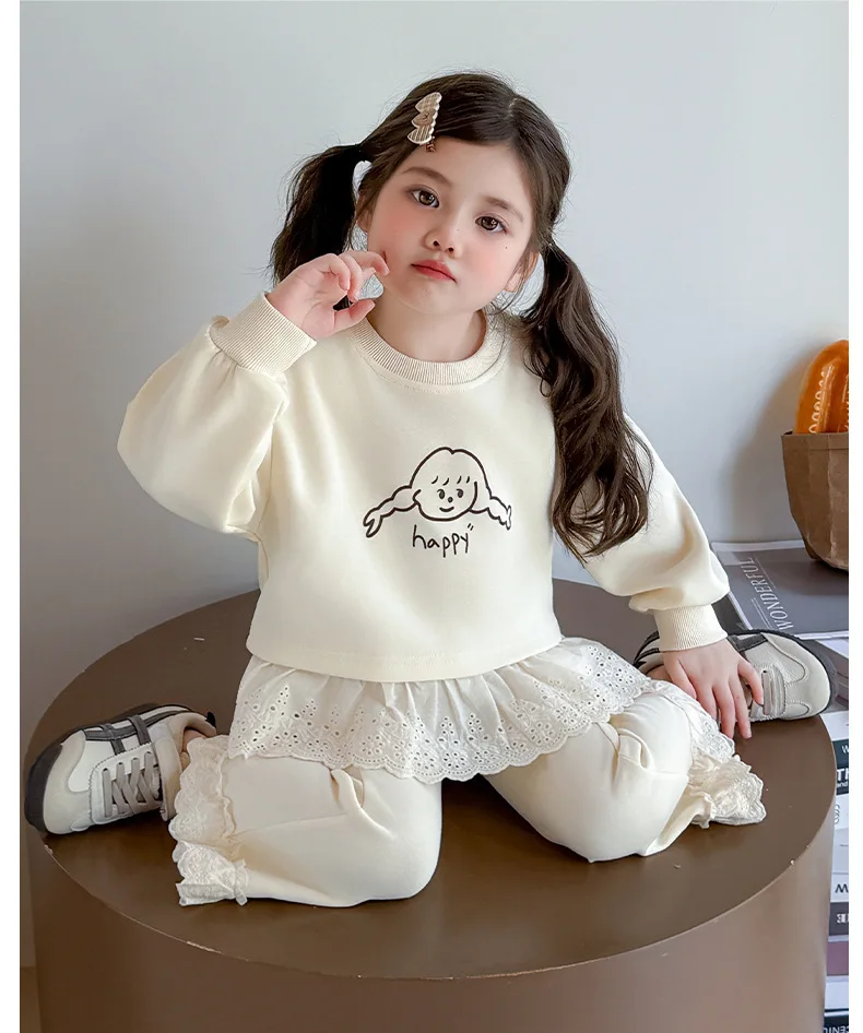 Neue Herbst-Kinderkleidung, süßes Sweatshirt-Outfit für Babymädchen, Spitze, lange Ärmel, Cartoon-Print-Oberteil + Hose, 2-teiliges Set – Detail 4